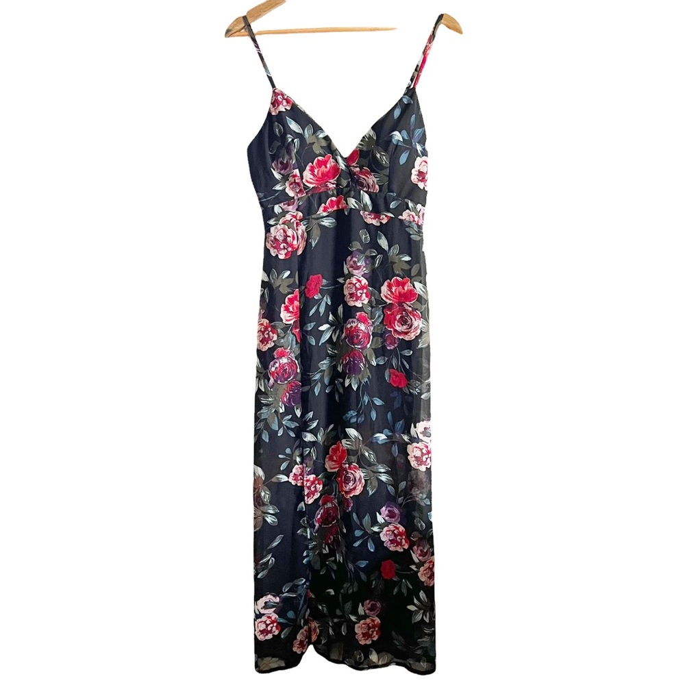 Guess Floral Maxi Dress Black Rose Print Spaghetti Strap Grunge Size S